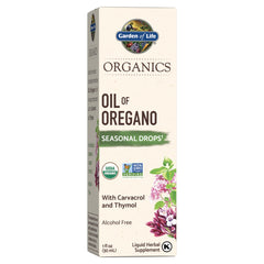 Garden of Life Organics Oil of Oregano Seasonal Drops box with herb illustration and USDA seals organic oil of oregano supplement