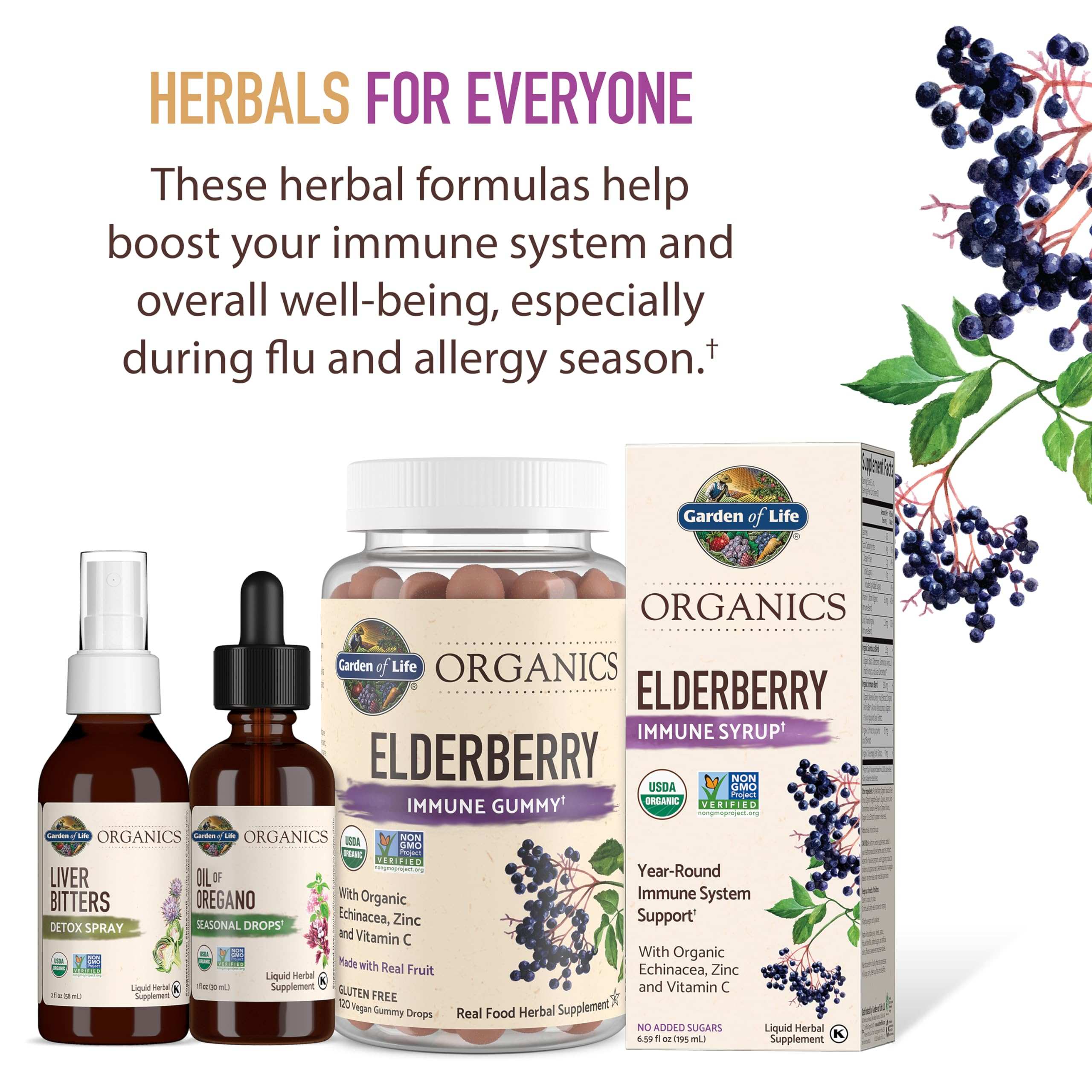 Garden of Life Organics elderberry gummies syrup and organic oil of oregano supplement bottles for immune support