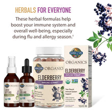 Herbal supplement bottles, dropper and jar with Garden of Life Organics packaging