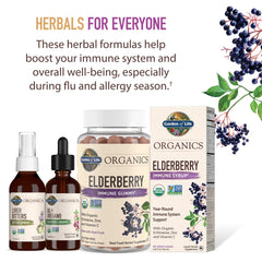 Garden of Life Organics elderberry gummies syrup and organic oil of oregano supplement bottles for immune support