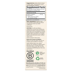 Garden of Life organic oil of oregano supplement back label showing Supplement Facts panel directions and certifications