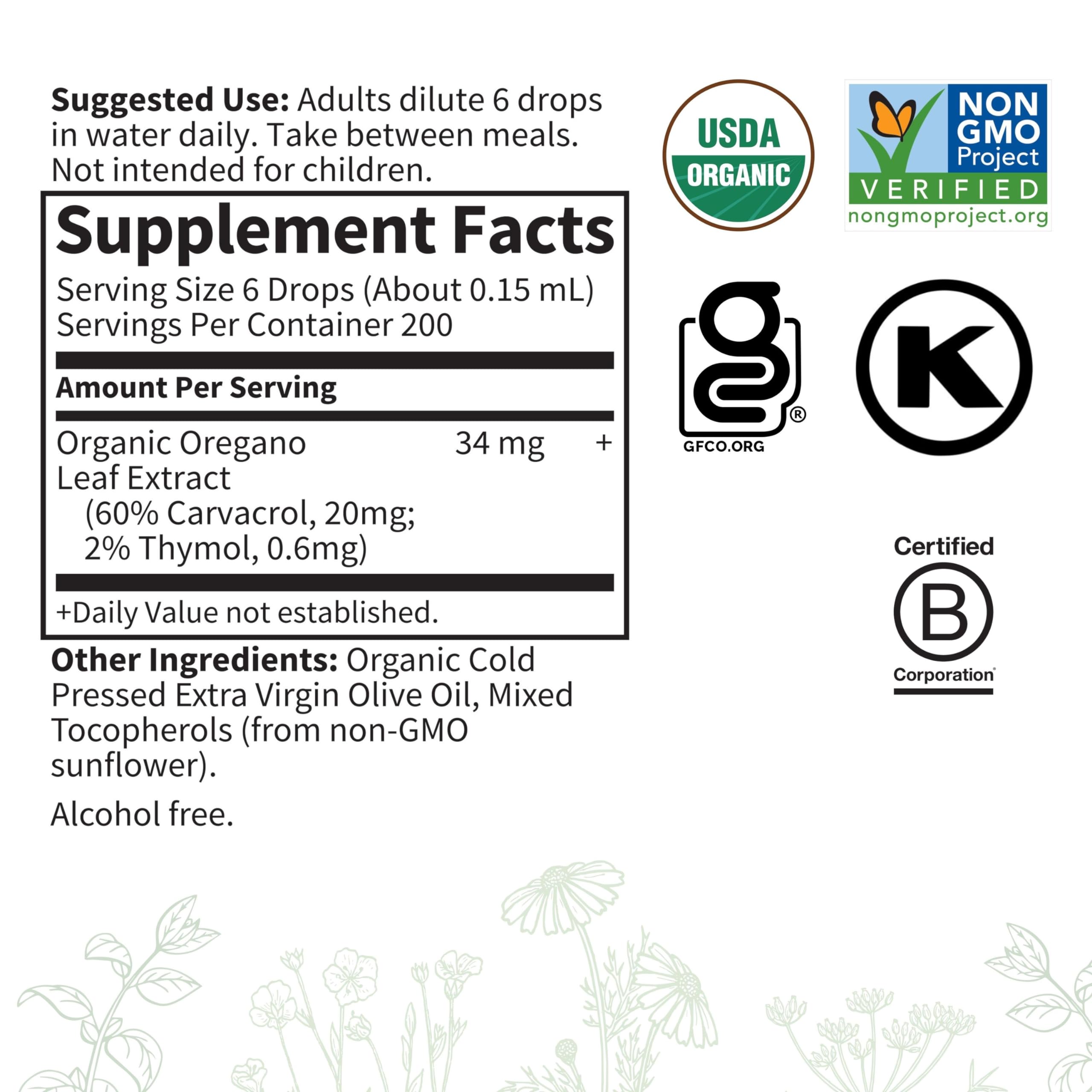 Garden of Life organic oil of oregano supplement label showing Supplement Facts USDA Organic and Non GMO certifications