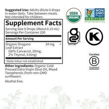 Supplement Facts panel for organic oregano oil drops on product box