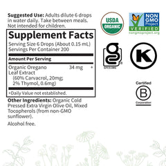 Garden of Life organic oil of oregano supplement label showing Supplement Facts USDA Organic and Non GMO certifications