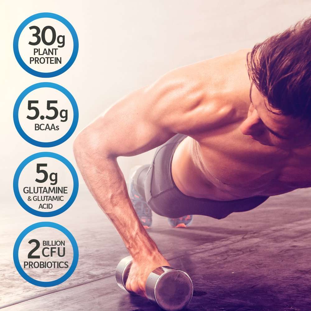 Man doing dumbbell pushup with 30g plant protein and 5.5g BCAAs nutrition badges Garden of Life plant-based protein powder UAE