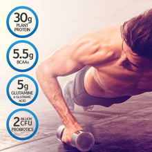 Plant protein nutrition callouts: 30g protein, 5.5g BCAAs, 5g glutamine, 2B CFU
