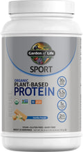 Garden of Life Sport organic plant-based protein powder tub, vanilla flavor label