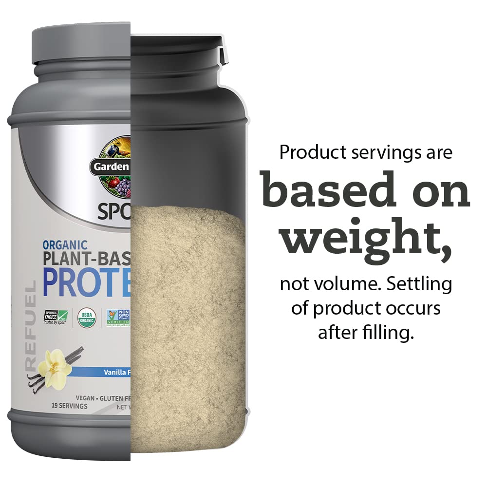 Garden of Life organic plant-based protein powder UAE container cutaway showing vanilla powder and serving info