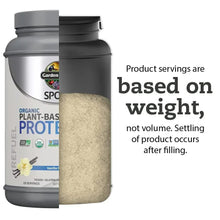 Garden of Life Sport plant-based protein tub with serving weight-based info