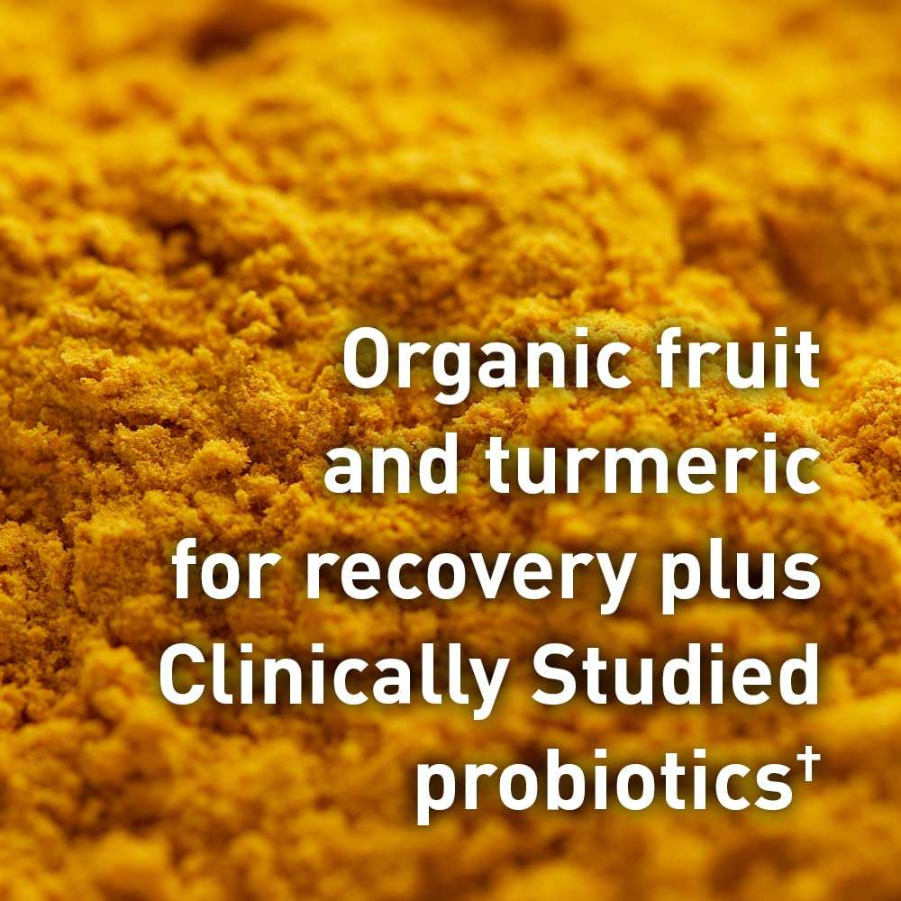 Garden of Life close up of turmeric powder and product text about organic fruit and probiotics plant-based protein powder UAE