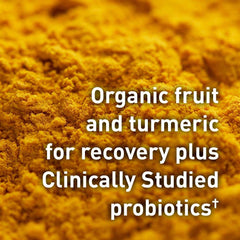 Garden of Life close up of turmeric powder and product text about organic fruit and probiotics plant-based protein powder UAE
