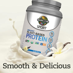 Garden of Life Sport organic vanilla plant-based protein powder UAE tub with vanilla splash and flowers