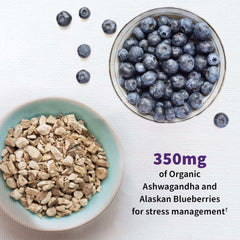 Alaskan blueberries and chopped ashwagandha with 350mg stress management label Garden of Life probiotics for mood and relaxation