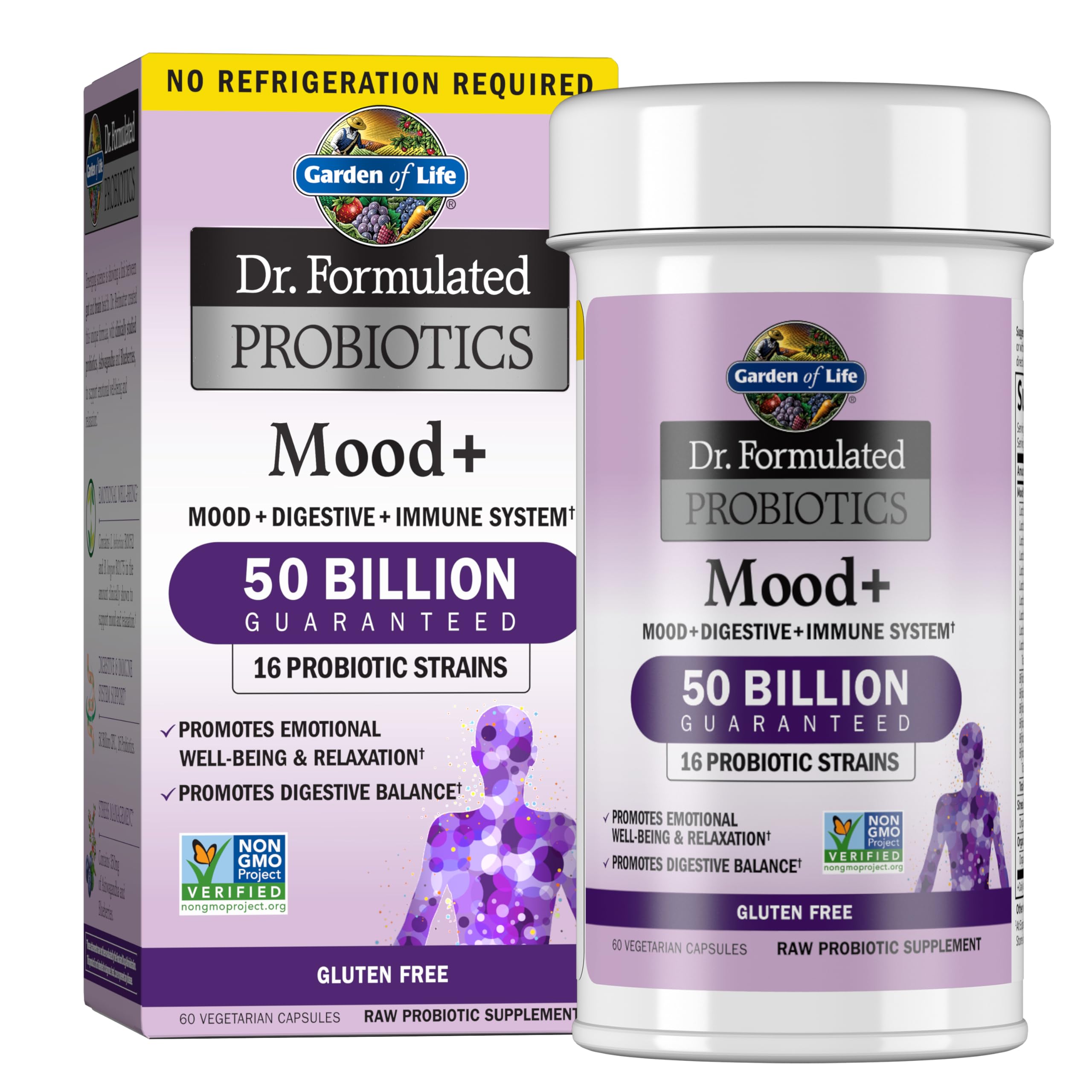 Garden of Life Dr Formulated Mood Plus probiotics for mood and relaxation 50 billion CFU 16 strains bottle and box