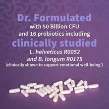 Probiotic capsules graphic with white capsules scattered on a purple background