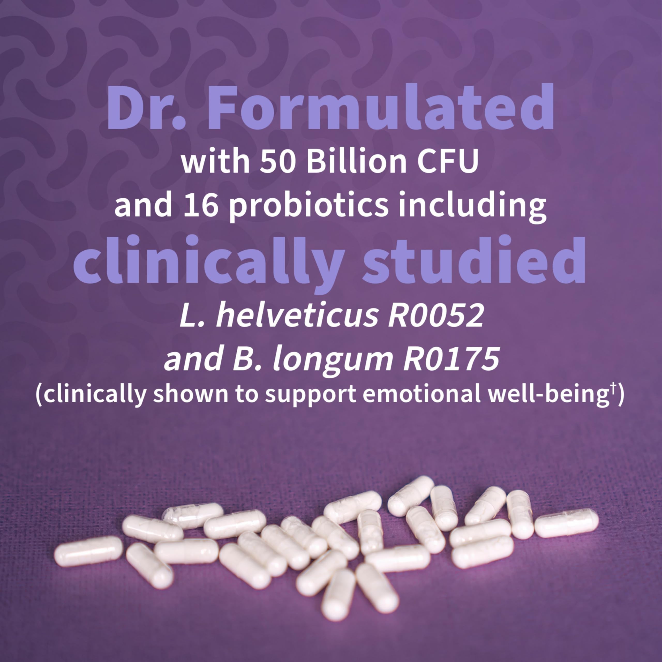 Garden of Life Dr Formulated capsules with text about clinically studied strains probiotics for mood and relaxation