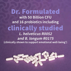 Garden of Life Dr Formulated capsules with text about clinically studied strains probiotics for mood and relaxation