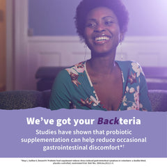 Garden of Life ad featuring smiling woman and tagline promoting probiotics for mood and relaxation and gut comfort