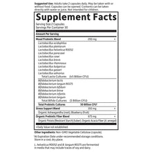 Supplement Facts label for probiotic capsules with ingredient list and serving info