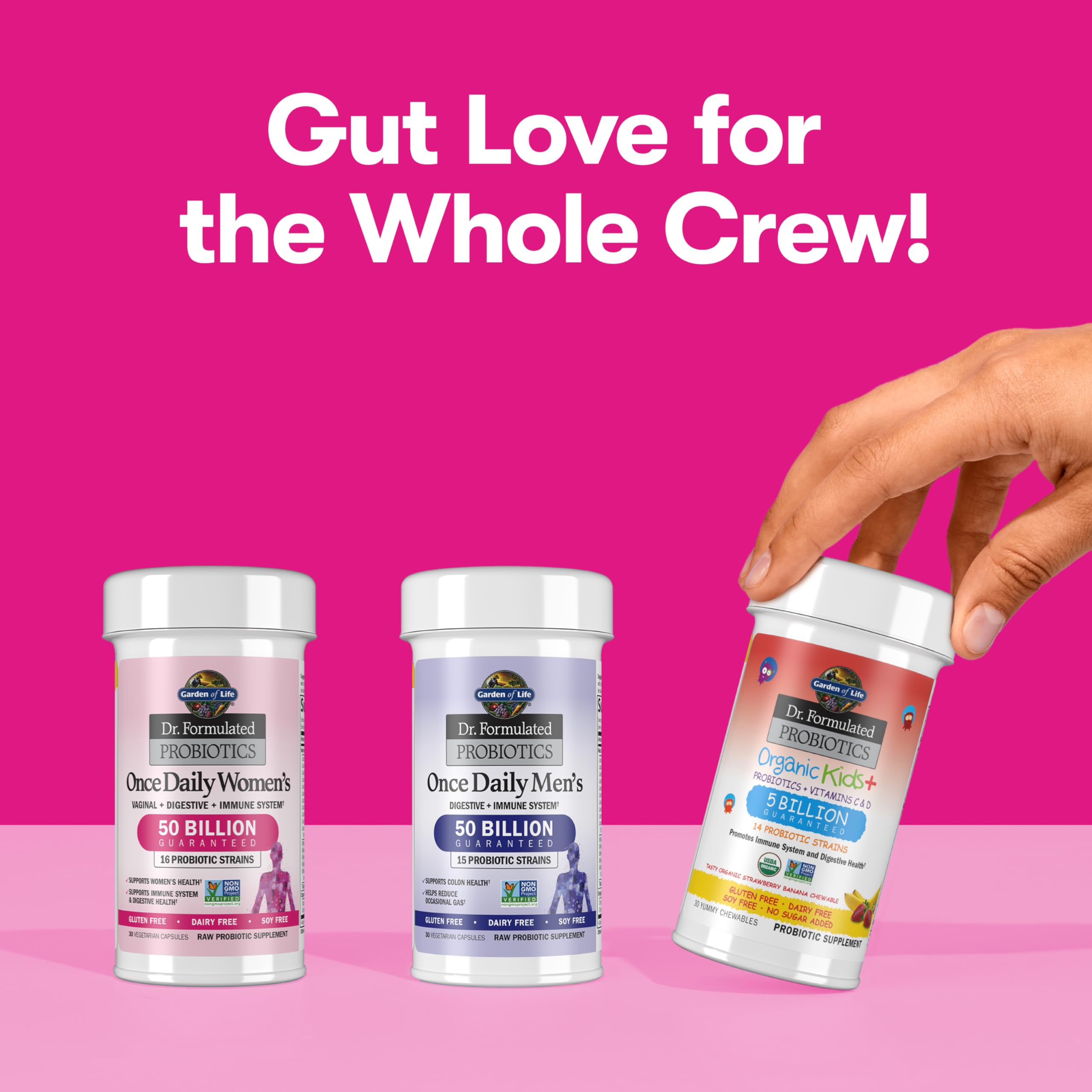 Garden of Life probiotic trio showing Once Daily Women's bottle and others, women's probiotics for digestive health