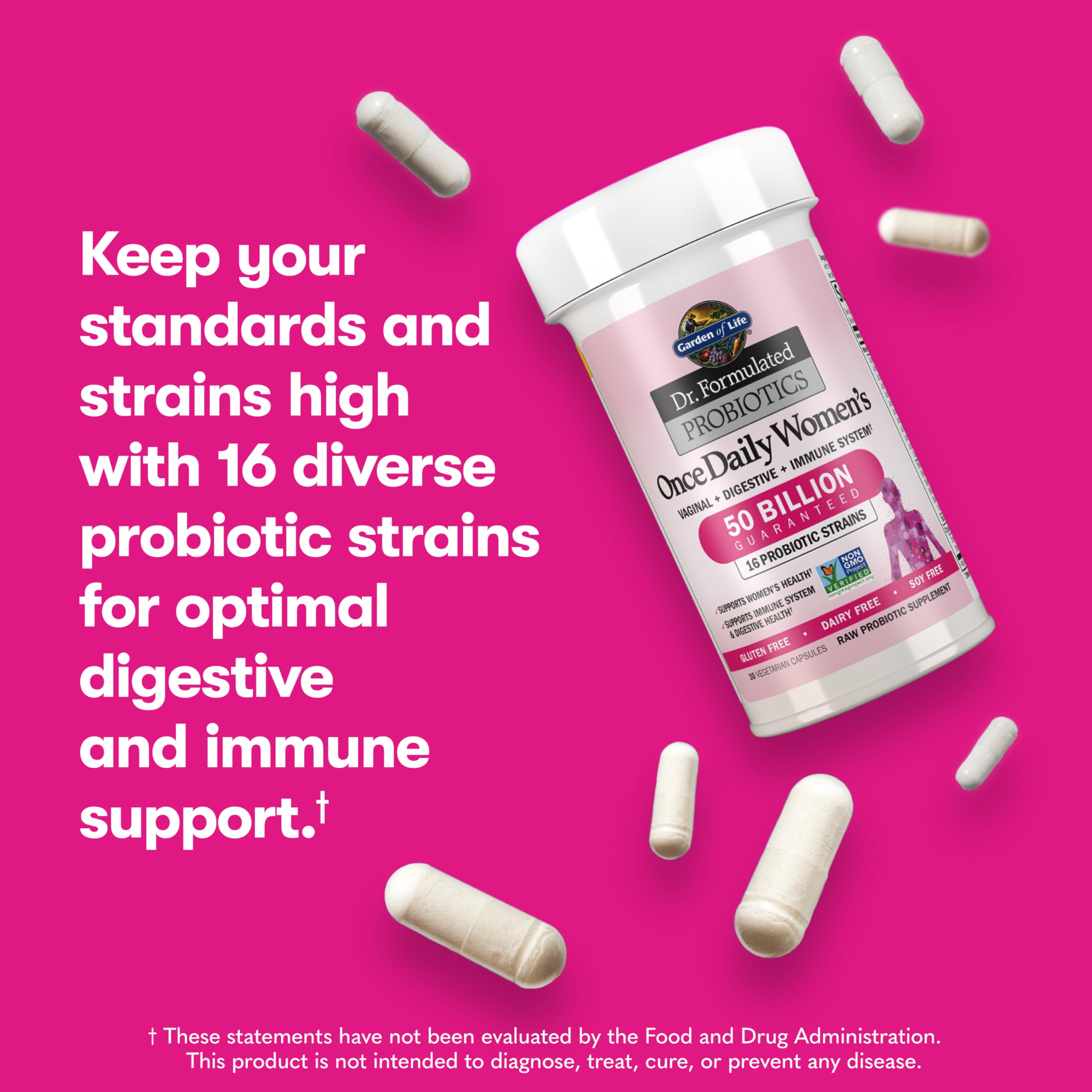 Garden of Life Once Daily Women's probiotic bottle and capsules on pink background women's probiotics for digestive health