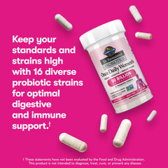 Garden of Life Once Daily Women's probiotic bottle and capsules on pink background women's probiotics for digestive health