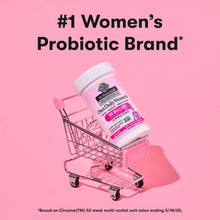 Women’s probiotic supplement bottle shown in a shopping cart, 50 billion CFU, once daily.