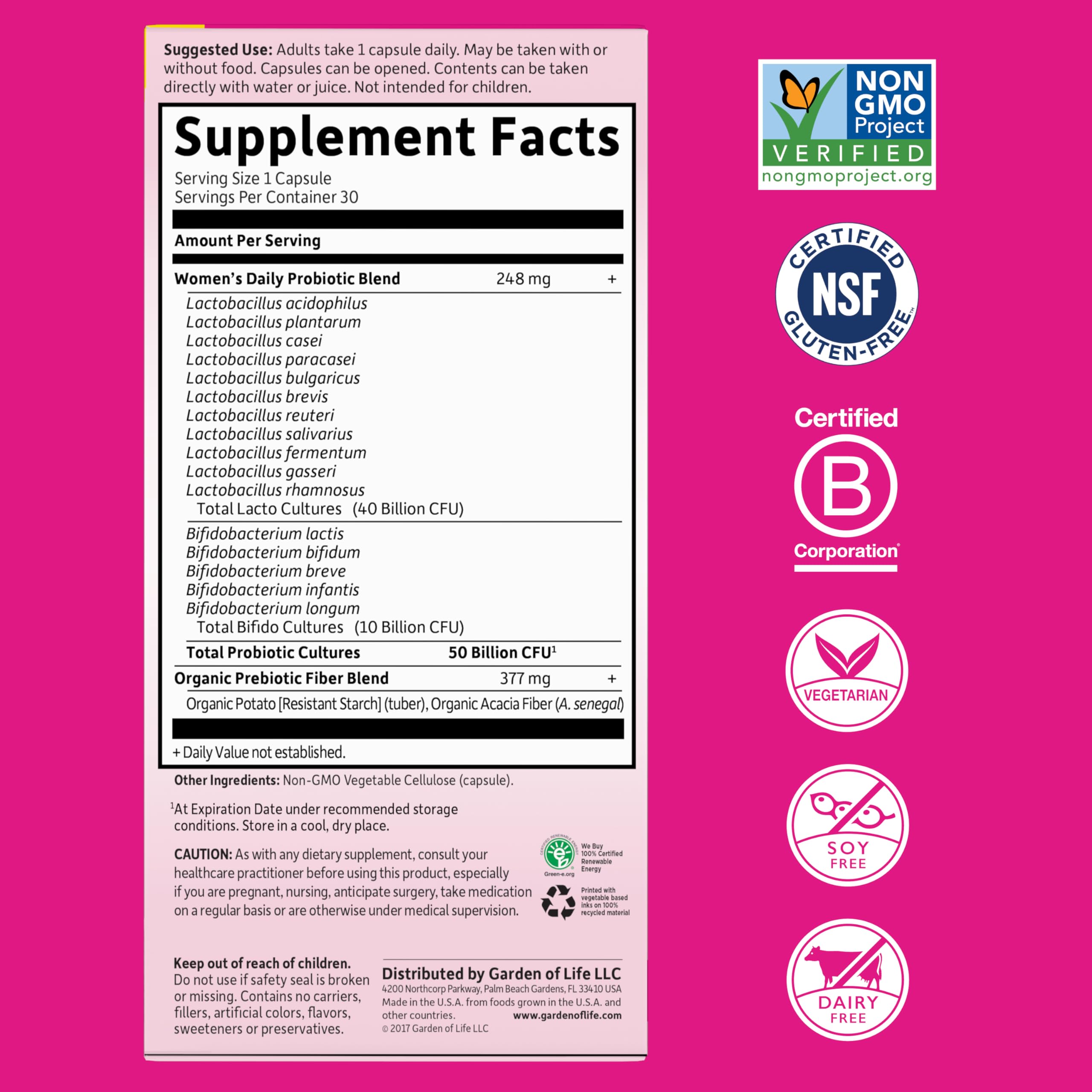 Garden of Life supplement facts label and certification badges for women's probiotics for digestive health