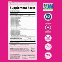 Supplement facts panel on the back of a probiotic bottle with certification seals.
