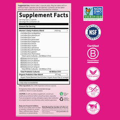 Garden of Life supplement facts label and certification badges for women's probiotics for digestive health