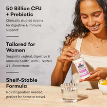 Women’s probiotic bottle with label, 50 billion CFU plus prebiotic, handheld with glass.