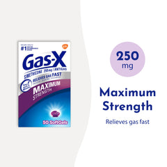 Packaged box of Gas-X Maximum Strength gas relief softgels. 50 softgels 250 mg simethicone relieves gas fast