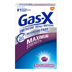 Gas-X Maximum Strength gas relief softgels. Box of Gas-X simethicone 250 mg 30 softgels for fast relief of gas and bloating