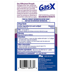Back label of Gas-X Maximum Strength gas relief softgels bottle with drug facts directions and simethicone 250 mg