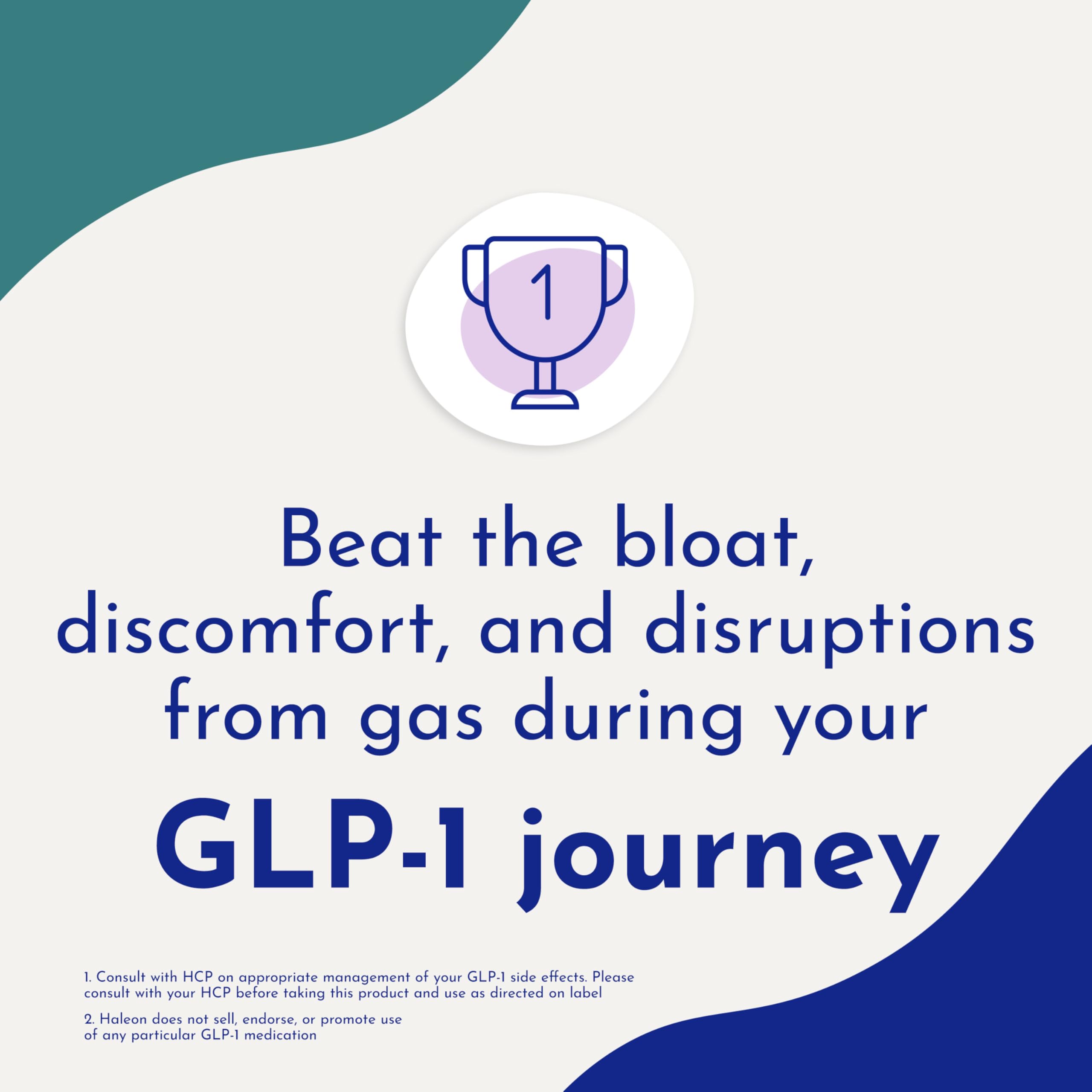Ad graphic for GLP-1 users with trophy icon and text Beat the bloat using Gas-X Maximum Strength gas relief softgels.