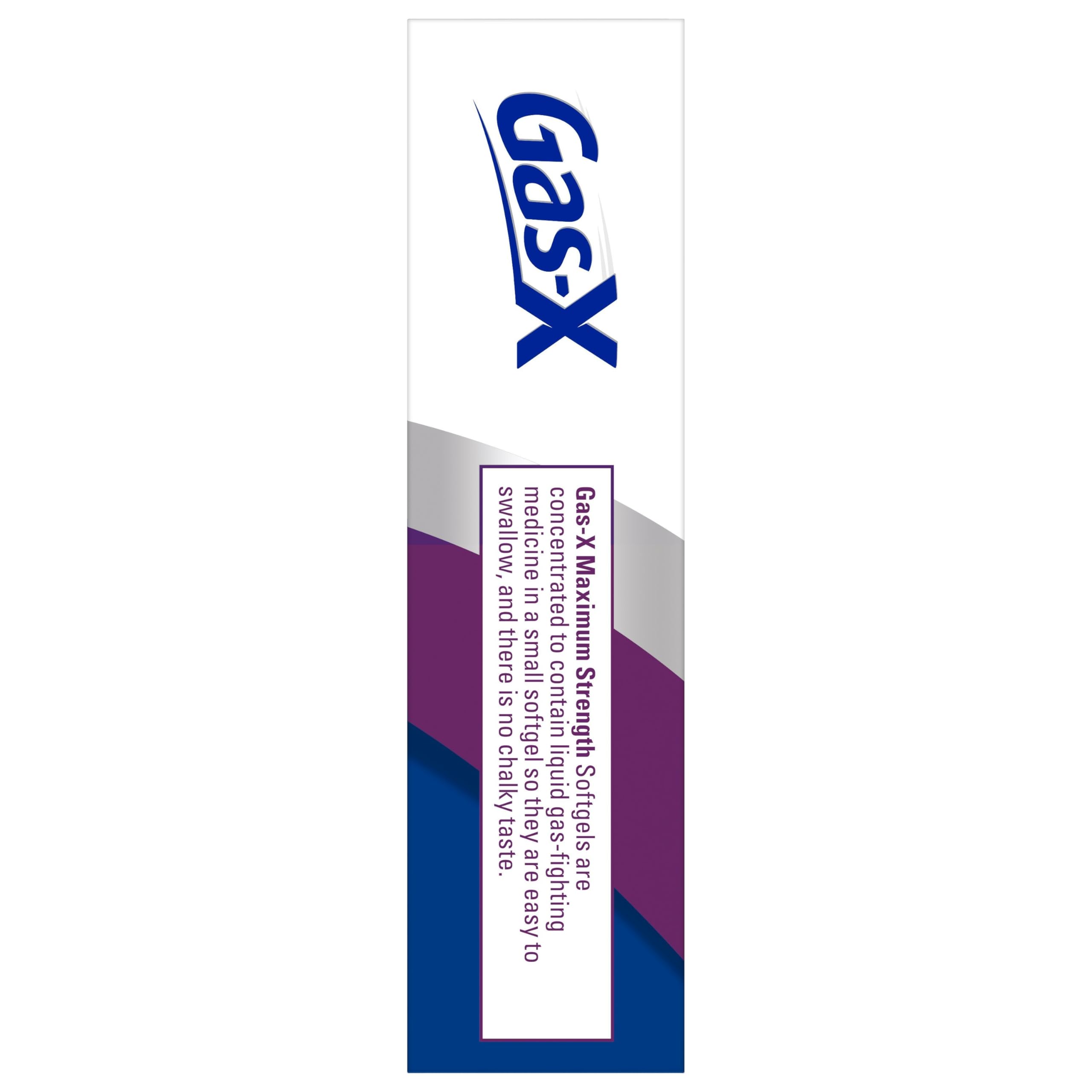 Box of Gas-X Maximum Strength gas relief softgels. White purple and blue packaging showing logo and label