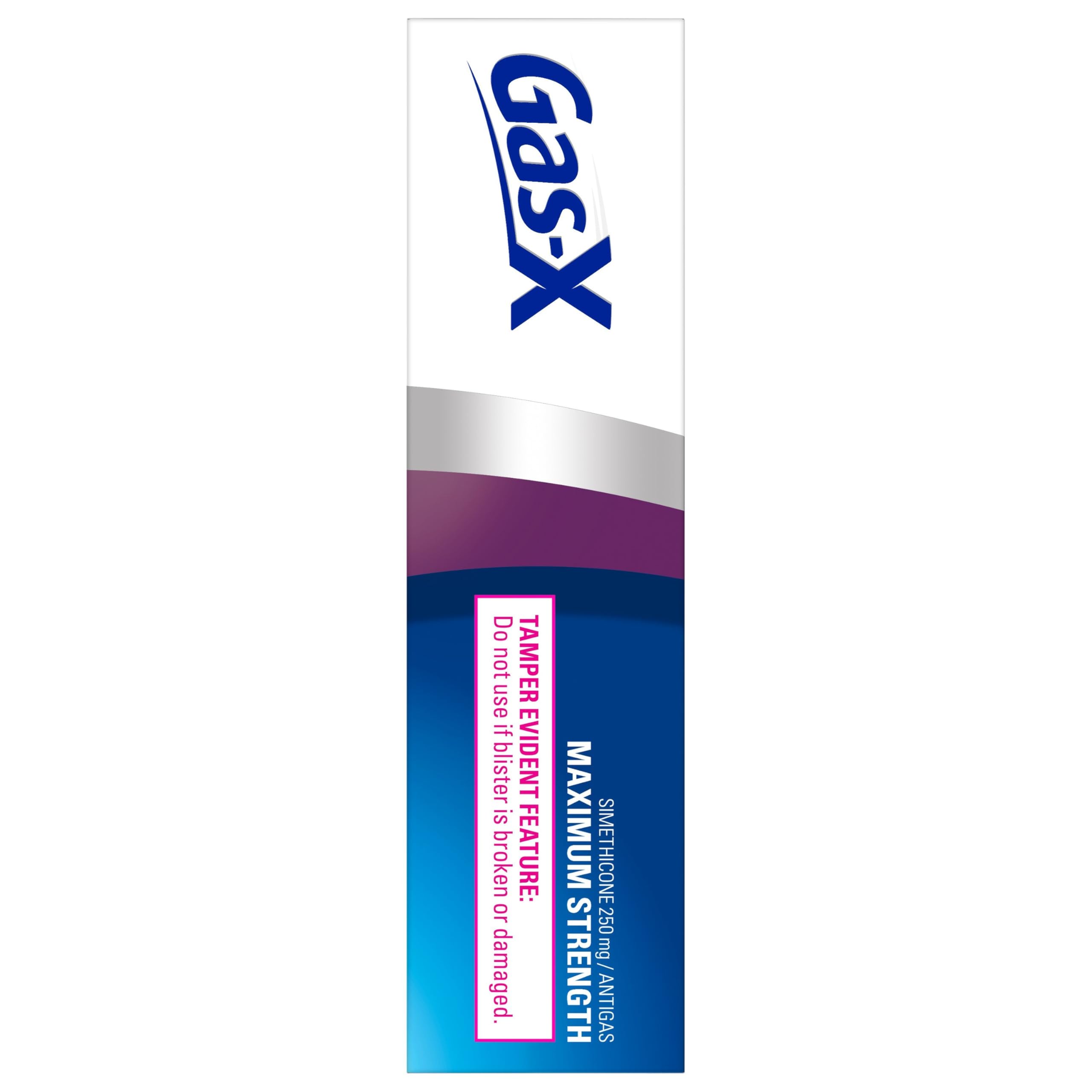 Gas-X Maximum Strength gas relief softgels box with blue and purple gradient packaging, logo and tamper warning