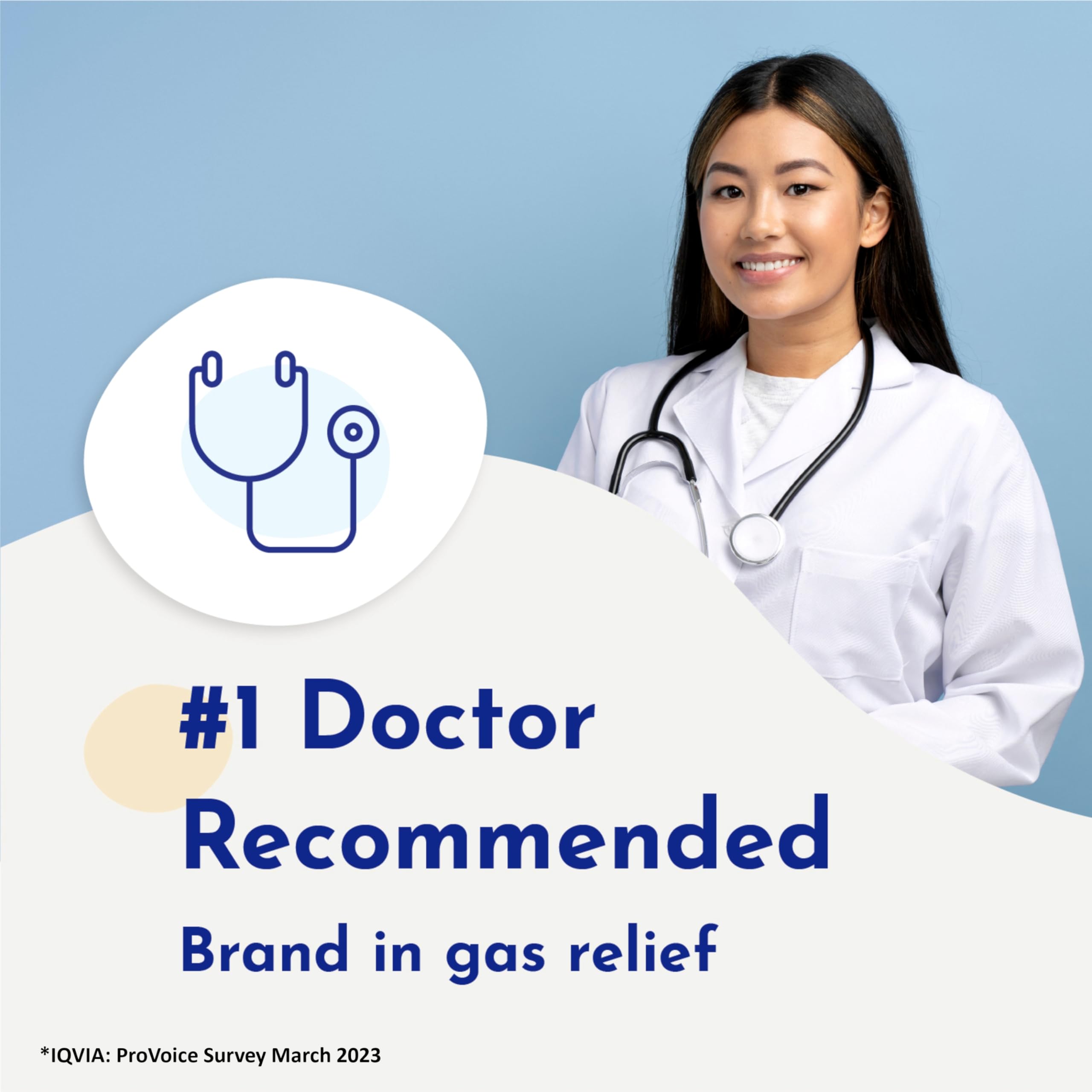 Smiling doctor with stethoscope endorsing Gas-X Maximum Strength gas relief softgels as number one doctor recommended brand