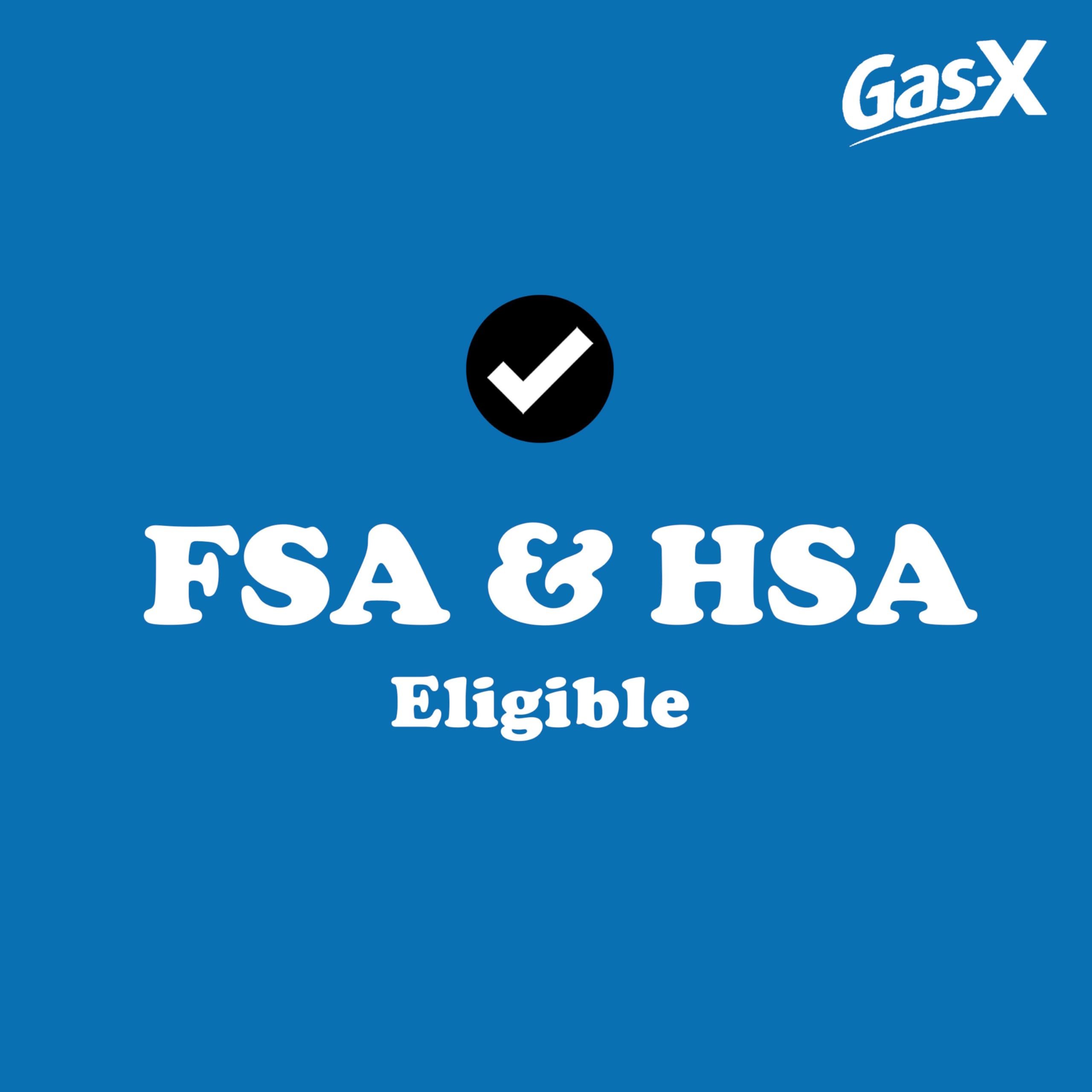 Blue Gas-X label showing FSA and HSA eligible with checkmark for Gas-X Maximum Strength gas relief softgels