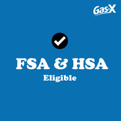 Blue Gas-X label showing FSA and HSA eligible with checkmark for Gas-X Maximum Strength gas relief softgels