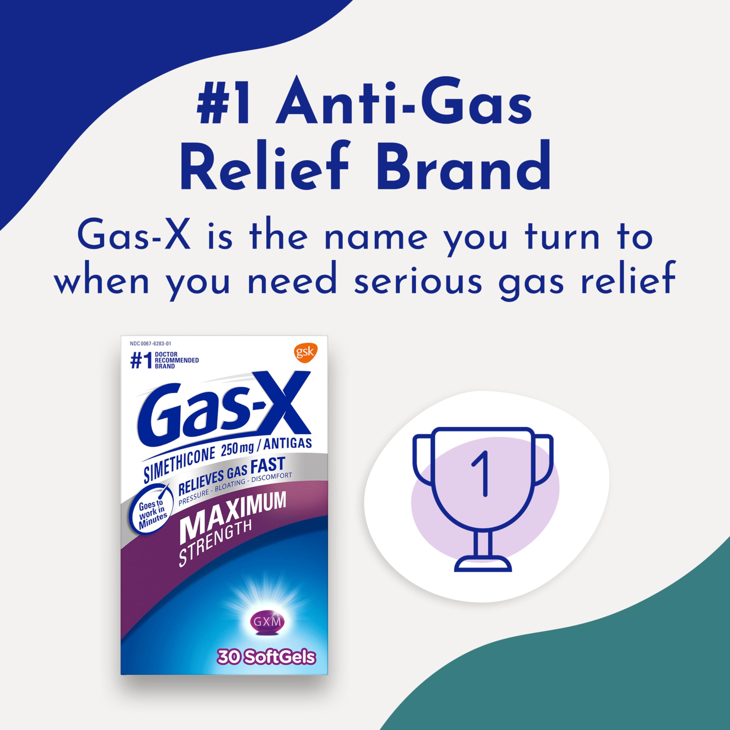 Gas-X Maximum Strength gas relief softgels box with number one anti gas relief brand text and trophy icon