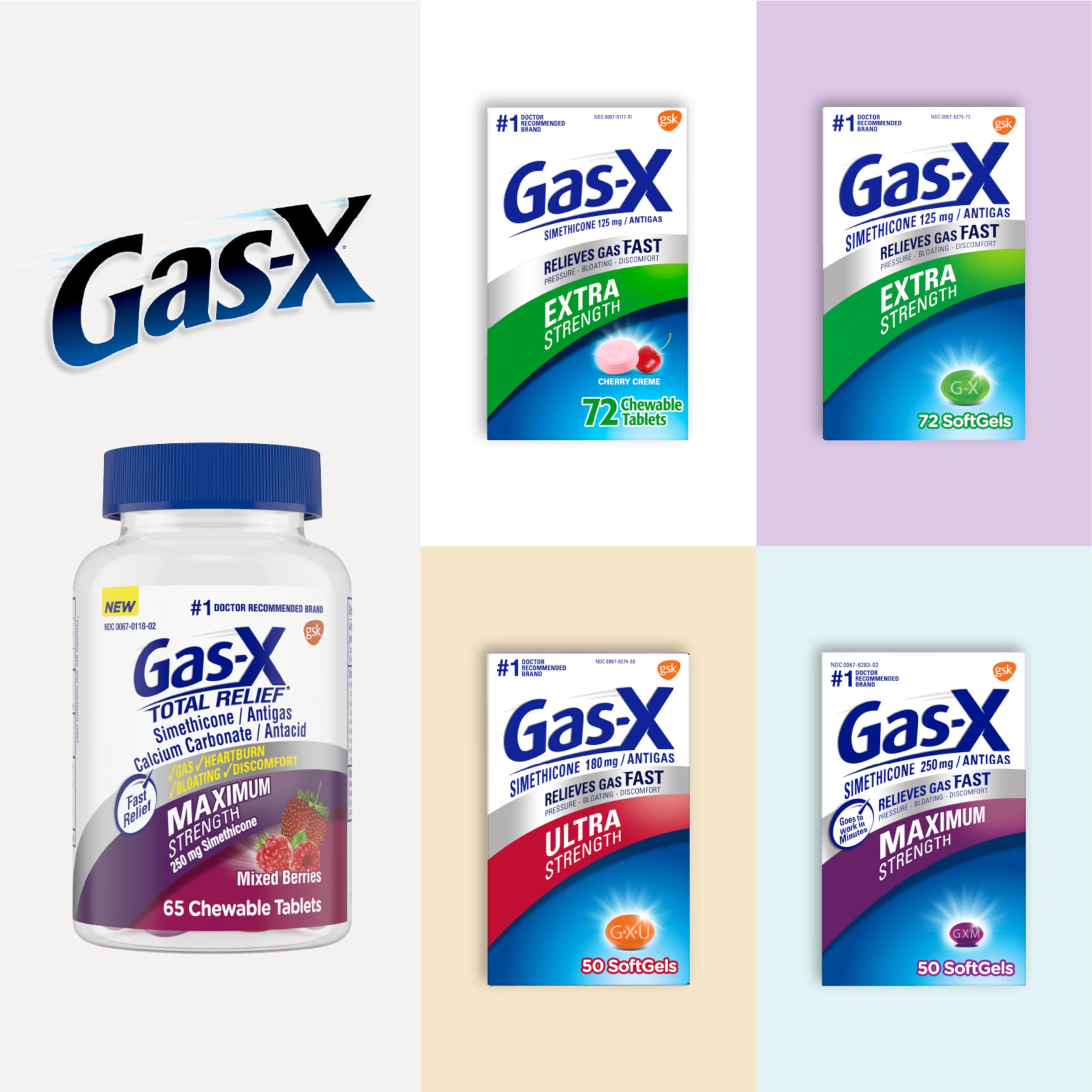 Assorted Gas-X bottles and boxes displaying product labels including Gas-X Maximum Strength gas relief softgels.