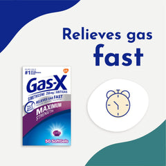 Gas-X Maximum Strength gas relief softgels 50 count box with packaging showing relieves gas fast text and clock icon