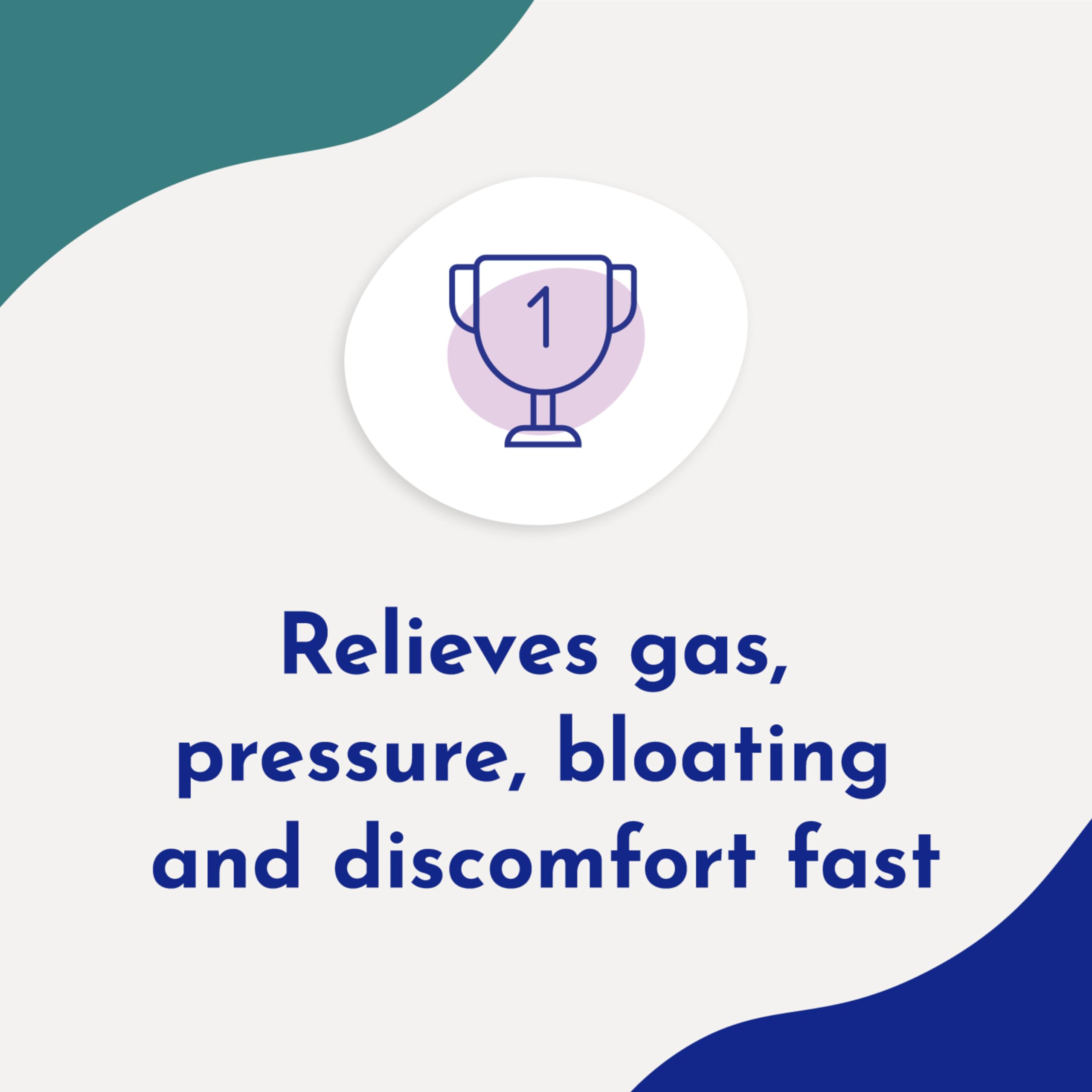 Gas-X Maximum Strength gas relief softgels ad image saying relieves gas pressure bloating and discomfort fast with trophy icon