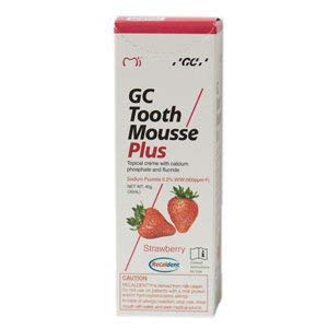 GC Tooth Mousse Plus Strawberry retail box showing strawberries and tube packaging for enamel protection and sensitivity