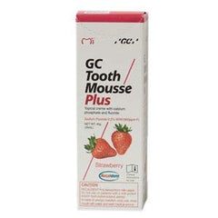 GC Tooth Mousse Plus Strawberry retail box showing strawberries and tube packaging for enamel protection and sensitivity