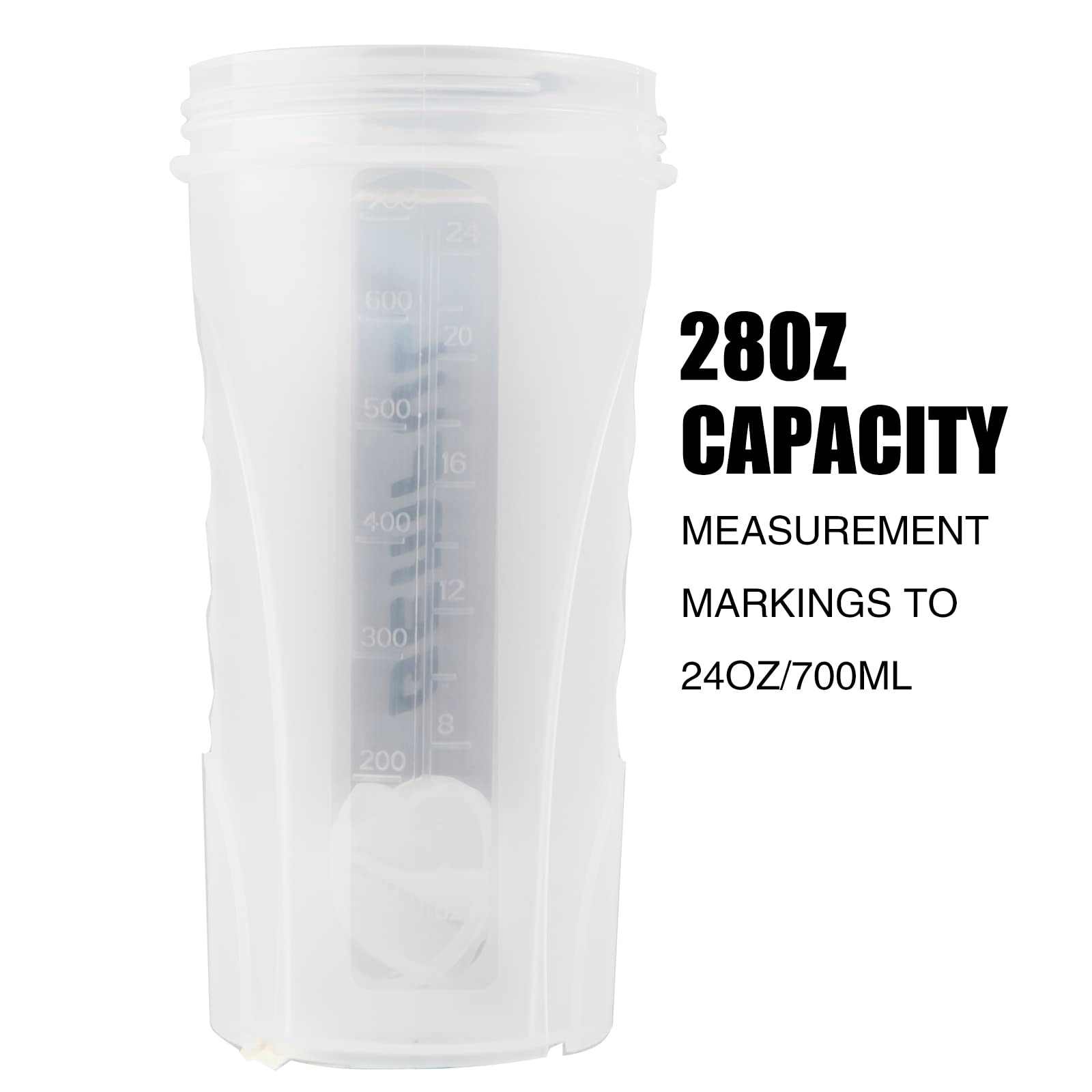 Translucent 28oz protein shaker bottle BPA-free with internal measurement markings to 24oz 700ml