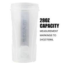 Clear shaker bottle insert cup with measurement markings and snap-on top