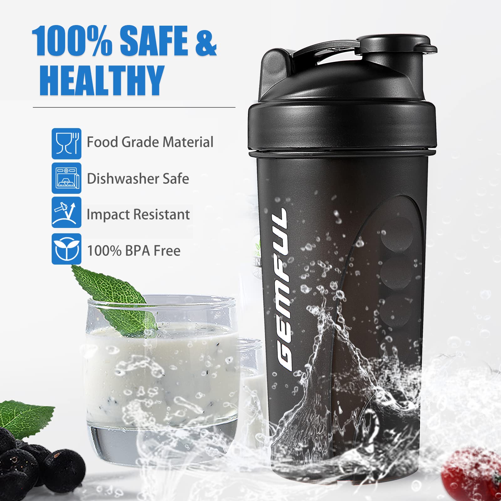 Black GEMFUL protein shaker bottle BPA-free with flip lid splashing water beside a glass of milk and mint leaves