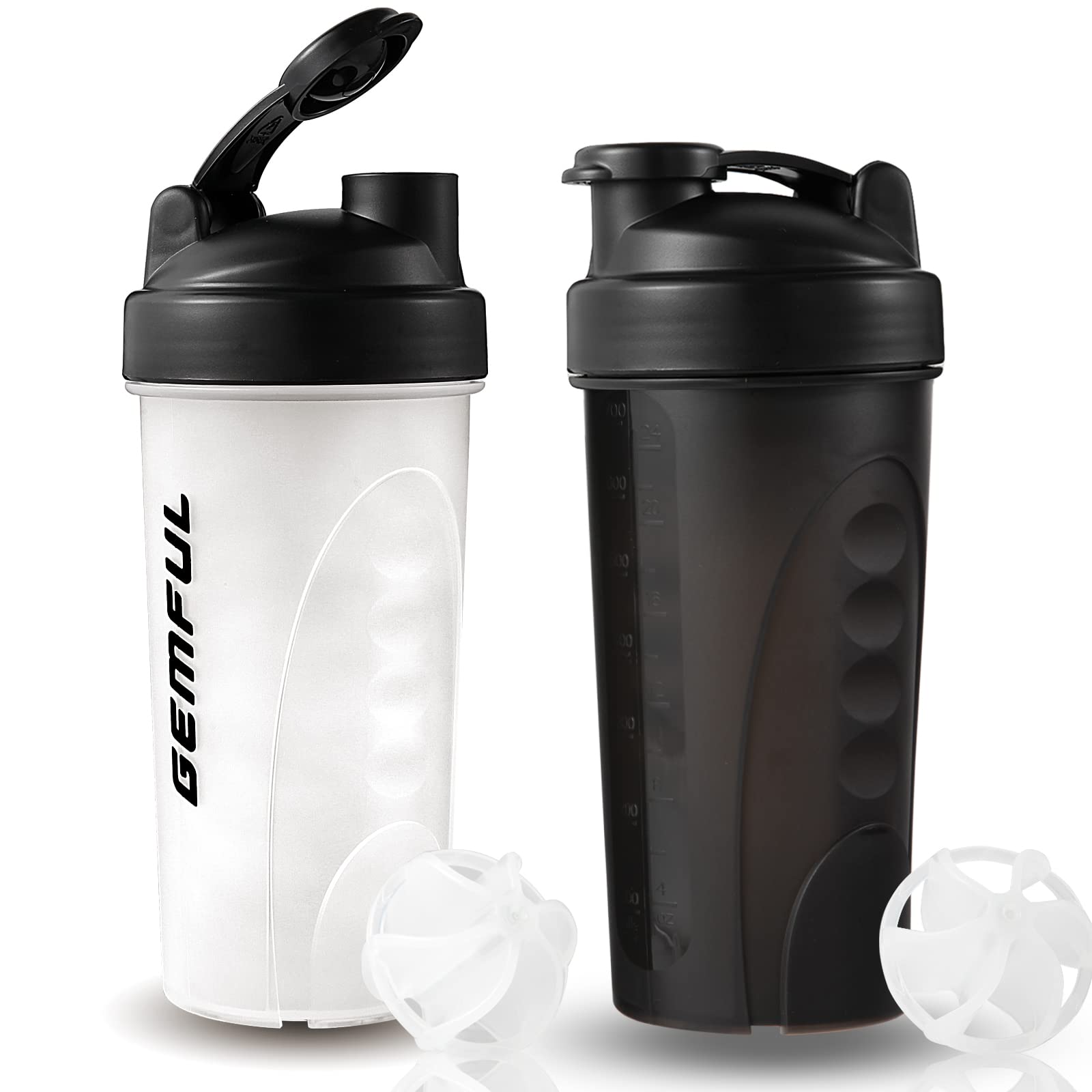 GEMFUL two pack protein shaker bottle BPA-free set white and black with flip lids and mixing balls
